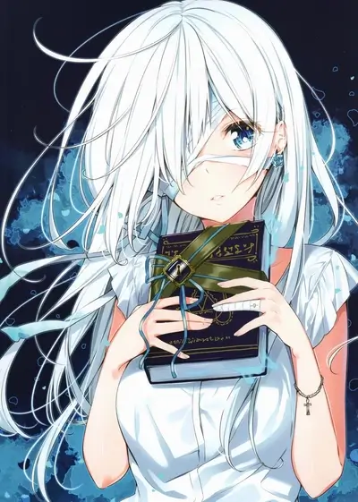 White-haired girl holding a book