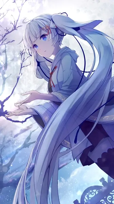 White-haired girl in a snowy landscape