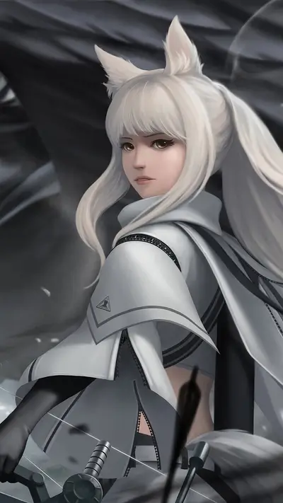 White-haired girl in a white coat