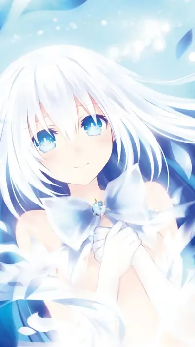 White-haired girl in a white dress, blue eyes