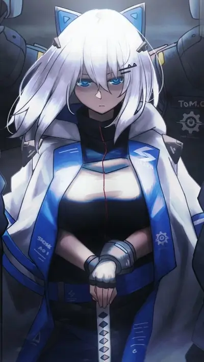 White-haired girl in blue and white attire holding a sword