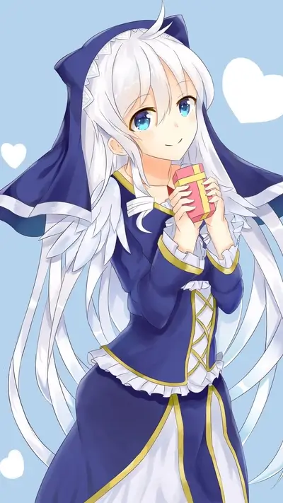 White-haired girl in blue dress holding gift