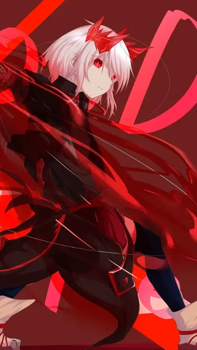 White-haired girl in red attire, dynamic pose