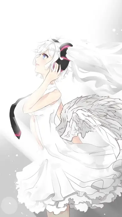 White-haired girl in white dress with wings, listening to music