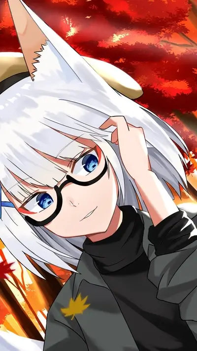 White-haired girl with fox ears, autumn background