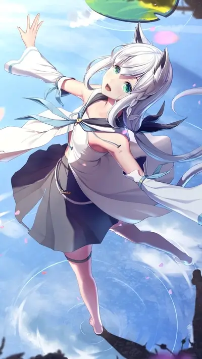 White-haired girl with fox ears, floating in water