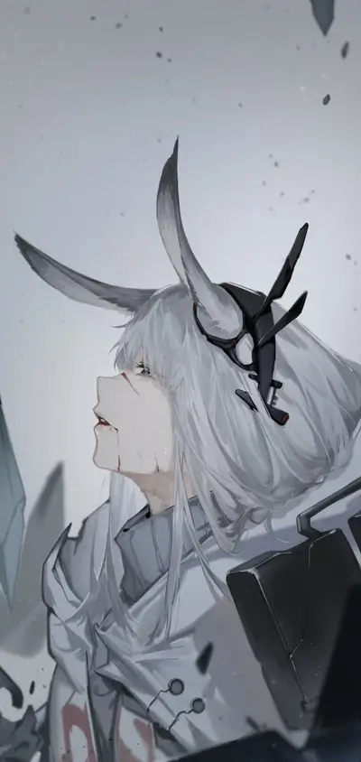White-haired girl with rabbit ears, bloody face, futuristic weapon