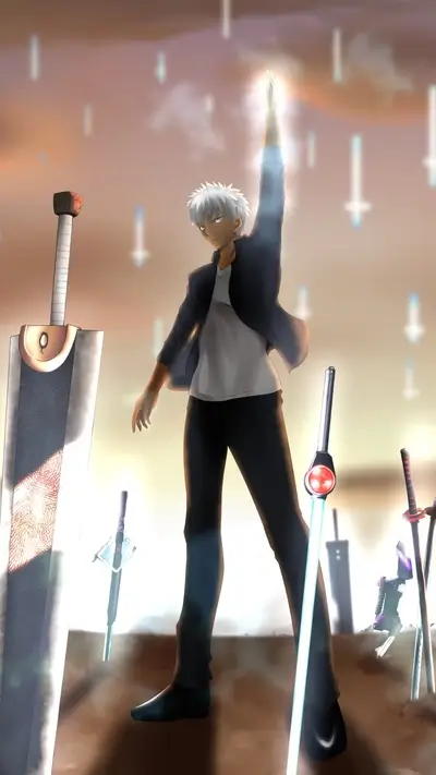 White haired man stands with swords, arm raised against sky