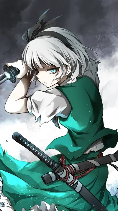 White-haired swordsman, blue eyes, two swords, green vest, with a determined expression