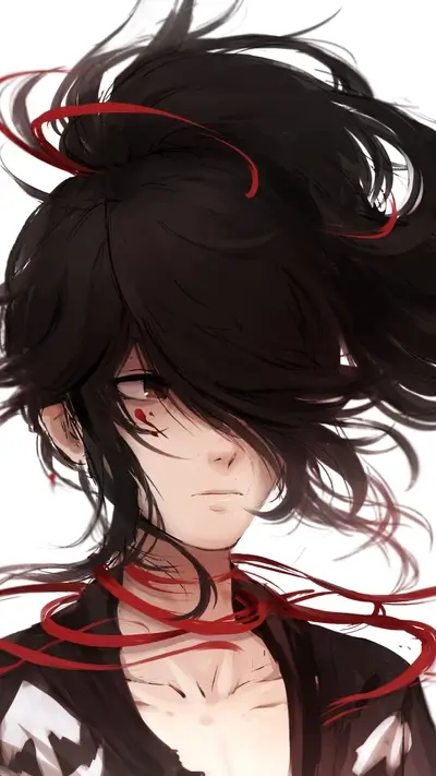 Windswept dark hair, red ribbon, and subtle scars