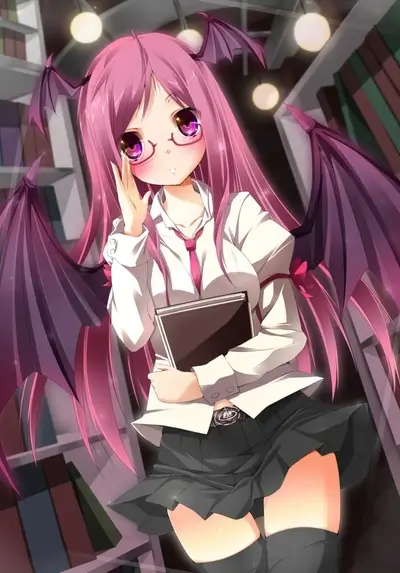 Winged anime girl with pink hair holding book, standing in library