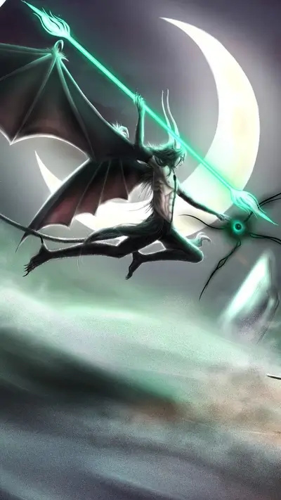 Winged creature with horns holding glowing spear in moonlit sky