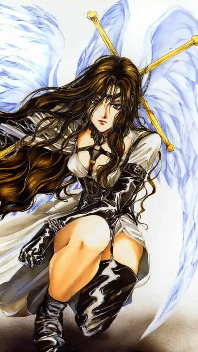 Winged female warrior in dark clothing
