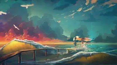 Winged figures walking on a wooden pier over surging waves