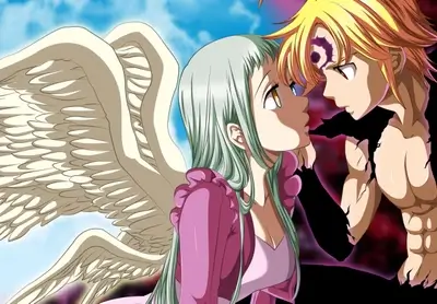 Winged girl and demon boy looking at each other