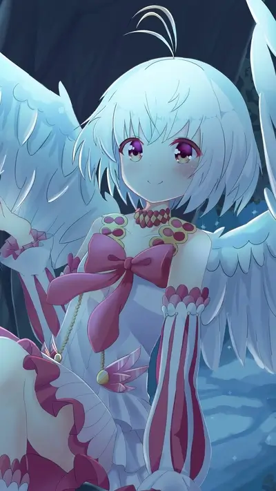Winged girl with white hair and ruby eyes wearing a cute outfit