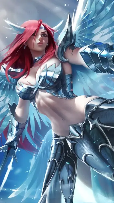 Winged warrior in gleaming armor, wielding sword, fantasy artwork