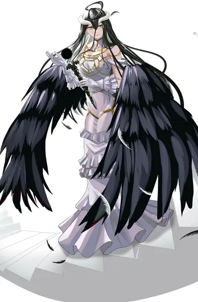 Winged woman in white dress holding a magical orb