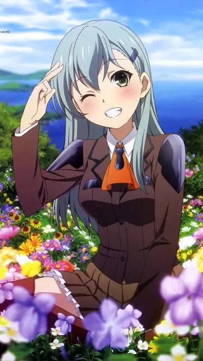 Winking anime girl with blue hair among flowers in outdoor setting