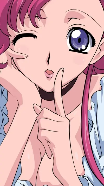 Winking anime girl with finger on lips