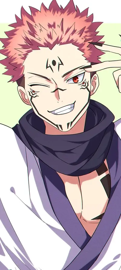 Winking anime man with pink hair, wearing dark scarf.