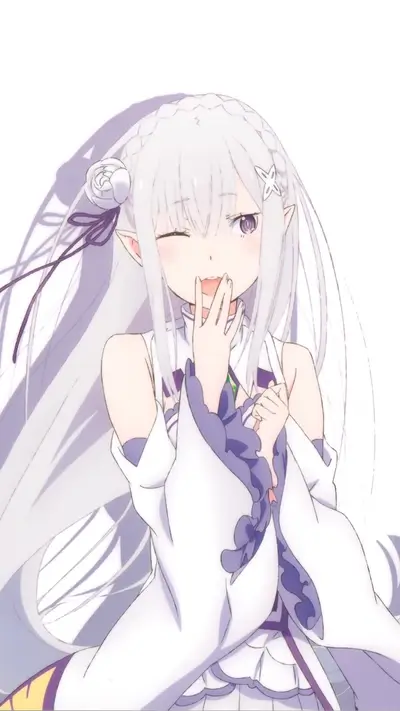 Winking Emilia with white hair, purple eyes, and a playful expression
