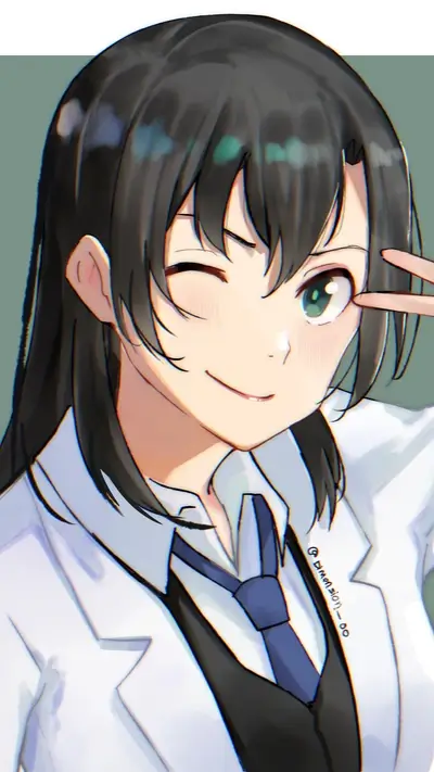 Winking girl in a white coat