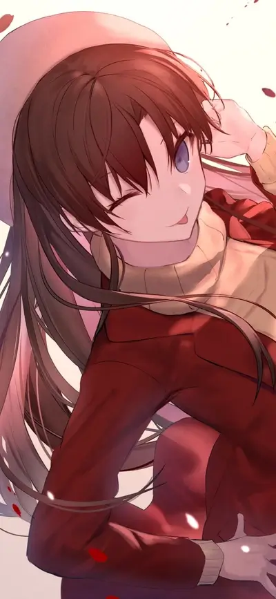 Winking girl in red jacket and hat, long brown hair, smiling