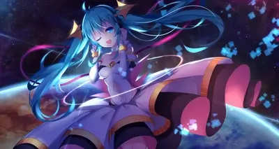 Winking girl in space, flowing hair