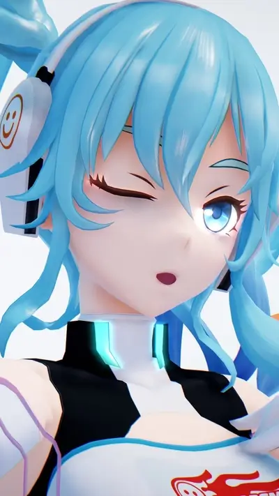 Winking stylized anime girl with blue hair and headphones close-up shot
