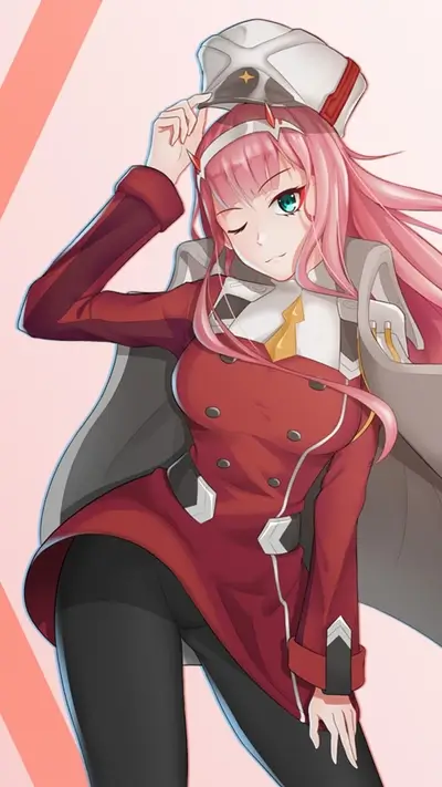 Winking Zero Two with pink hair and white hat