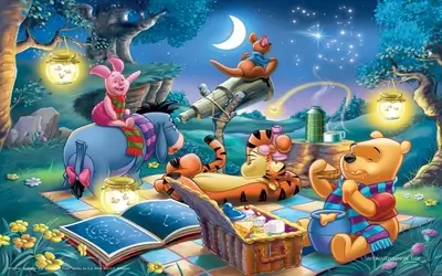 Winnie the Pooh and friends enjoying a night picnic