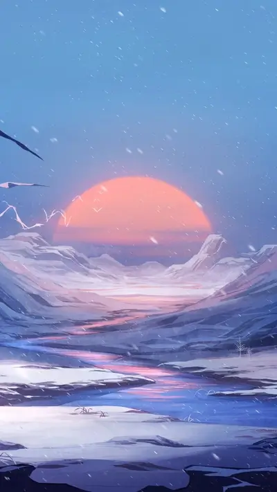 Winter landscape with snow falling, sun rising over snowy mountains, river runs through