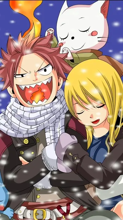 Winter scene with Natsu, Lucy, and Happy