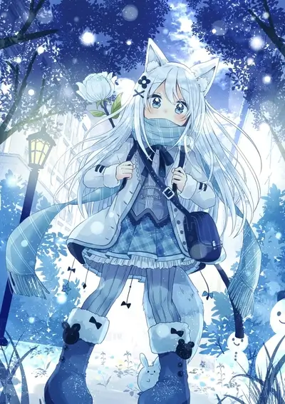 Wintery street scene with girl wearing fox ears and snow themed clothing