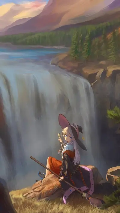 Witch by a waterfall in a mountain landscape