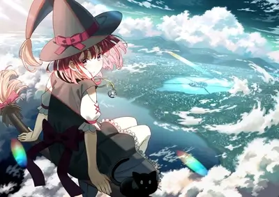 Witch flying on a broomstick above a city