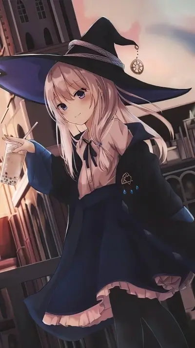 Witch girl enjoying boba tea