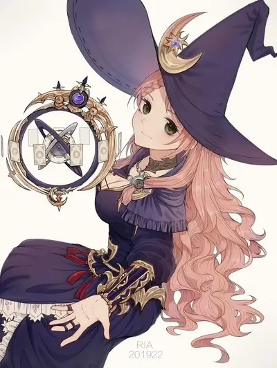 Witch girl in a wide-brimmed hat, holding a magical orb