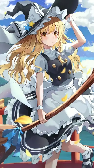 Witch girl with long blonde hair and a broom