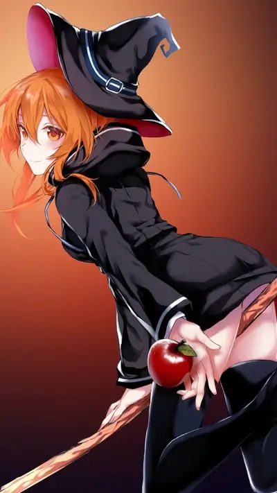Witch girl with orange hair holding an apple