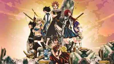 Wizard guild members standing together on ruins at sunset