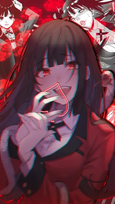 Woman anime character with a playing card and snakes, looks intense