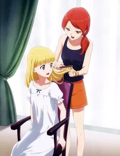 Woman brushing young girl's hair, interior scene