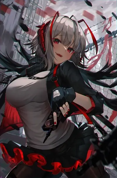 Woman character with red eyes and grey hair, holding weapon in hand