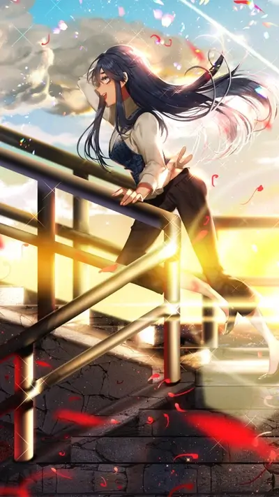 Woman cheerfully climbing stairs, vibrant sky backdrop, confetti falls all around, feeling of excitement and achievement