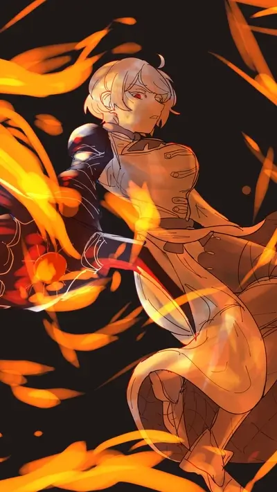 Woman emitting fire, determined and ready, detailed armor.