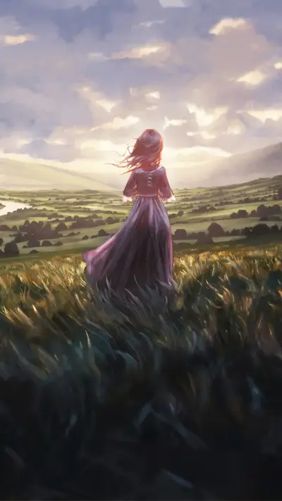 Woman in a purple dress standing in a field
