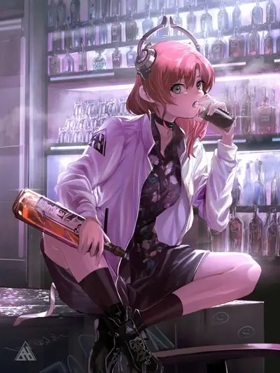 Woman in bar, casual jacket, enjoying drink, liquor bottles behind, headphones resting.