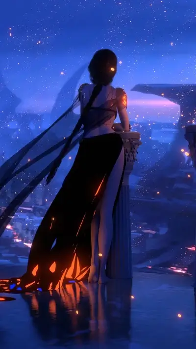 Woman in black dress looking over a glowing blue cityscape